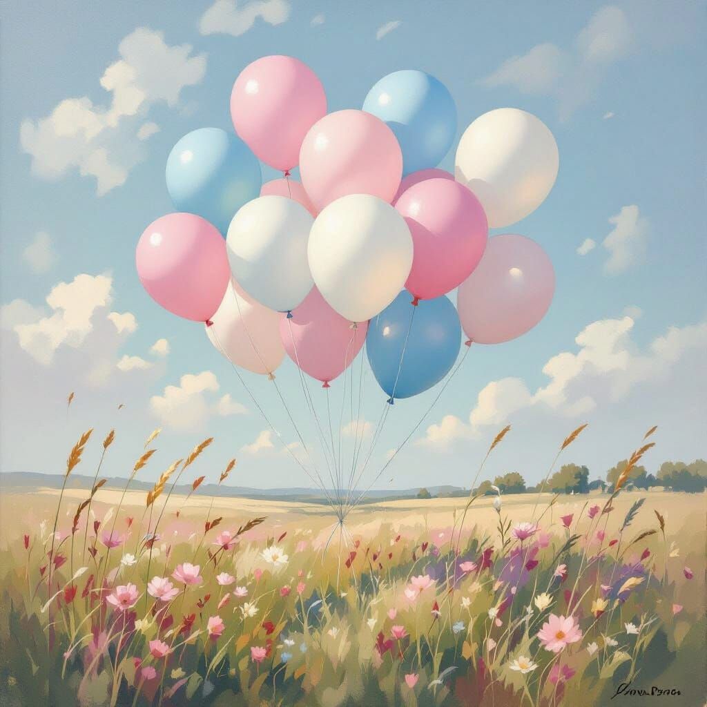 Pastel Balloons Float Over Dreamlike Impressionist Landscape