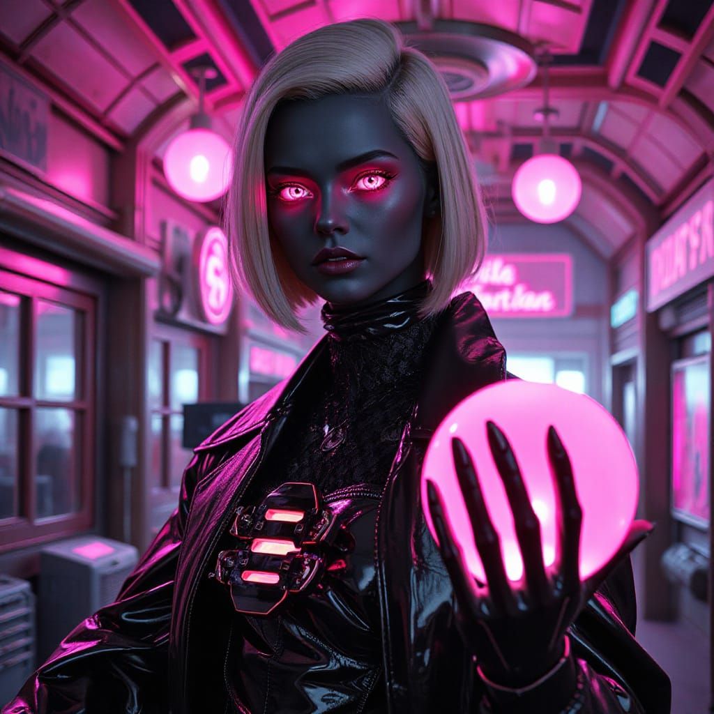 Gothic Retro-Futurist Android in Neon Space Station