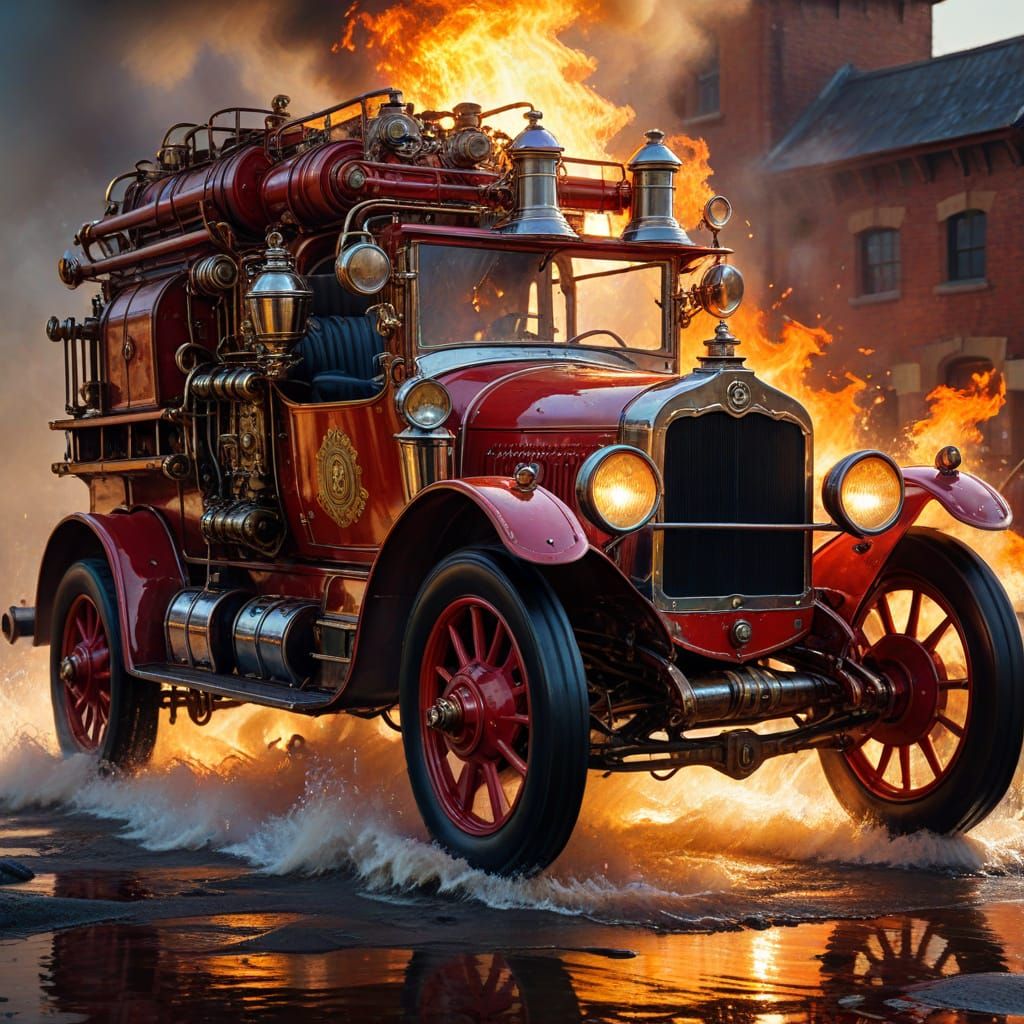 Steampunk Fire Engine Rushes to a Fire, Oil Painting