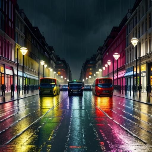 Surreal Rainy London Street with Rabbits and Tomatoes