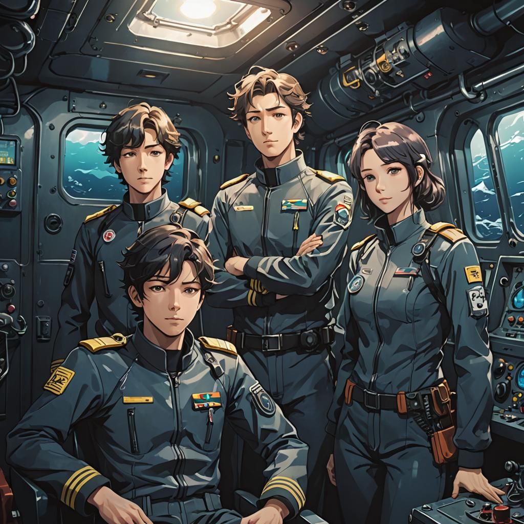 Anime Submarine Crew in Cel-Shaded Style