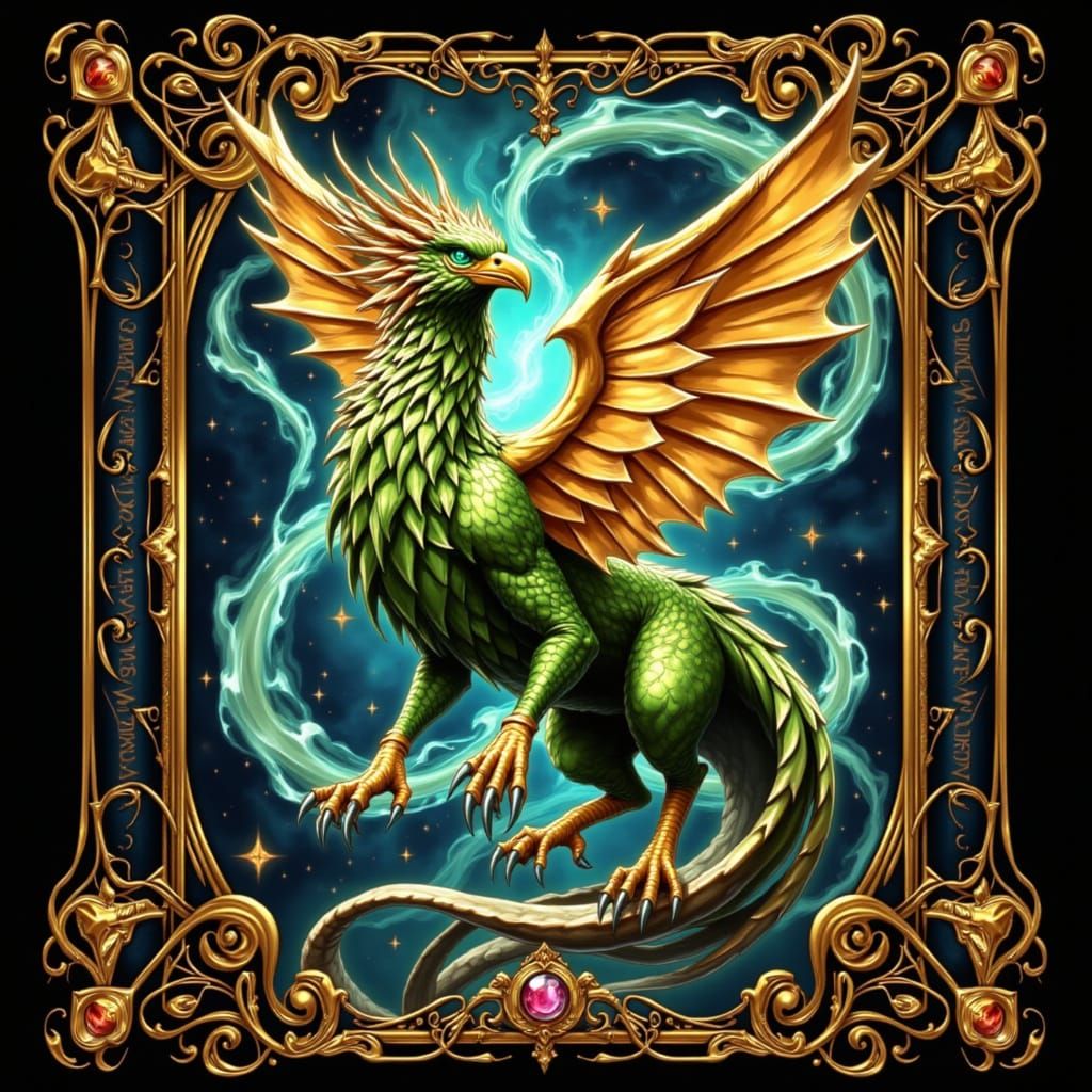 A Griffin Emerges from an Ornate Playing Card in Art Nouveau...