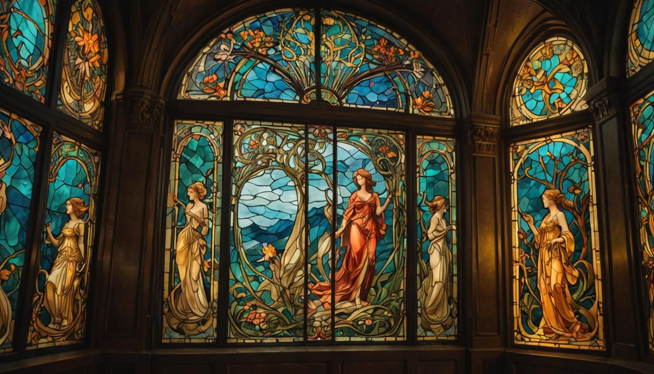 Art Nouveau Stained Glass Landscape in Fantasy Colors