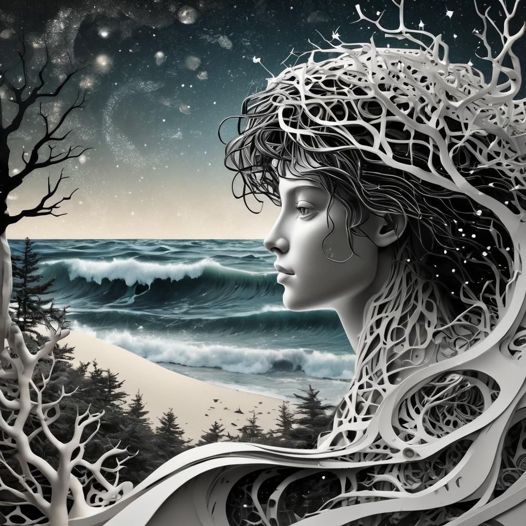 Monochrome Collage of Forest Wave with Constellations