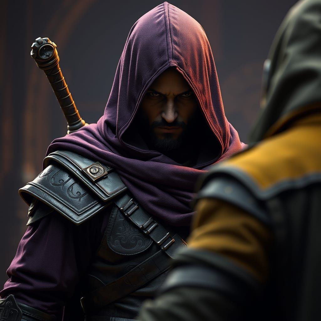 Warrior Monk Confronts Assassin in Dark Fantasy Style