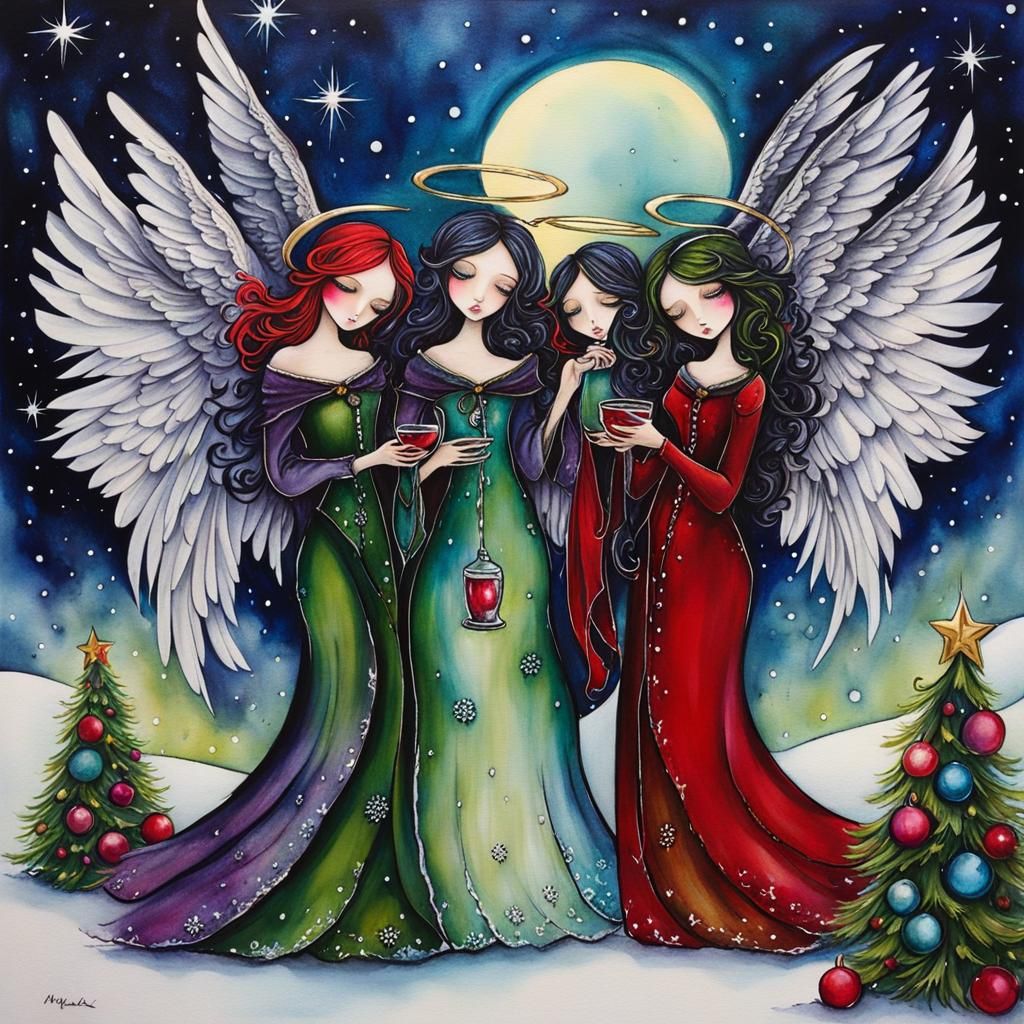 Whimsical Christmas Angels in Gloomy Goth Alcohol Inks
