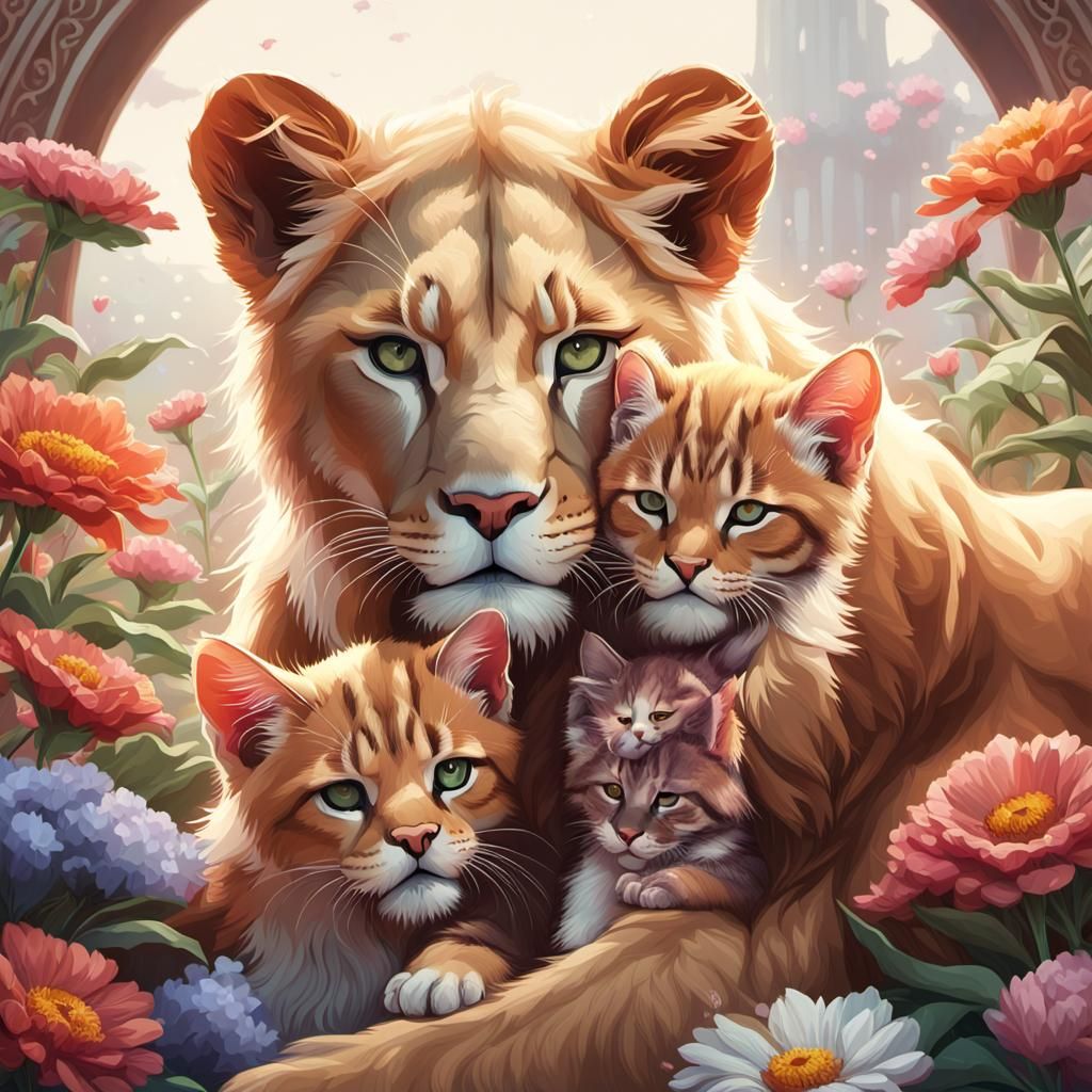 Lioness Cuddles Kitten in Hyperdetailed Flower Garden