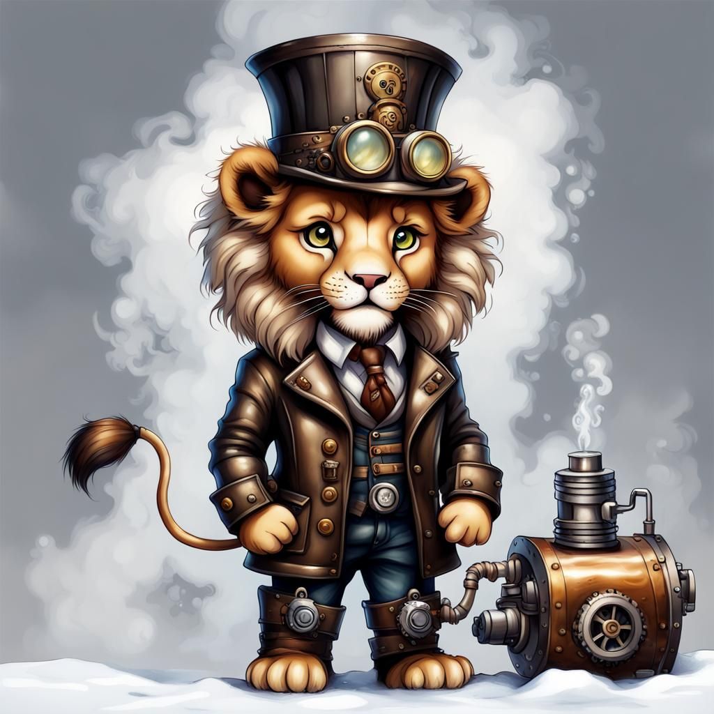 Winter Chibi Lion with Steampunk Engine