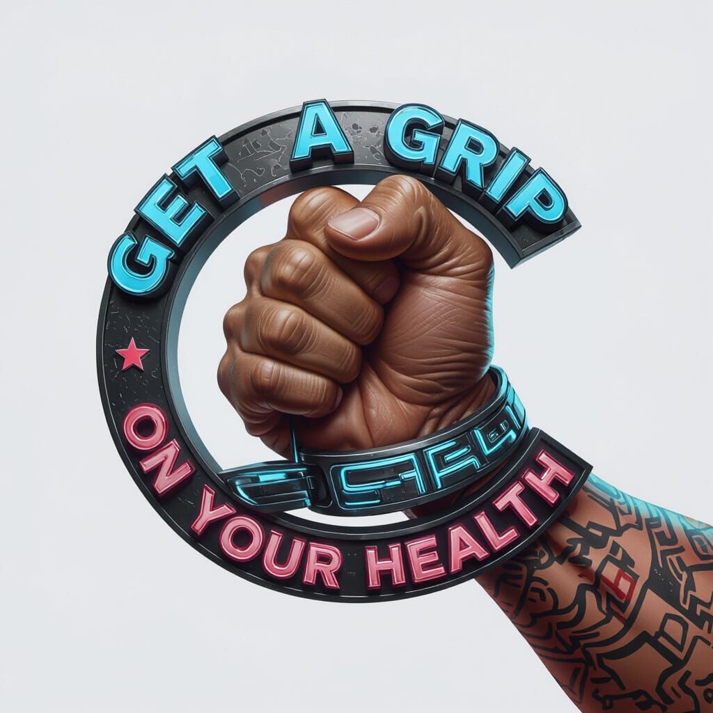 Hand Gripping Health: A 3D Logo in Cyberpunk Style