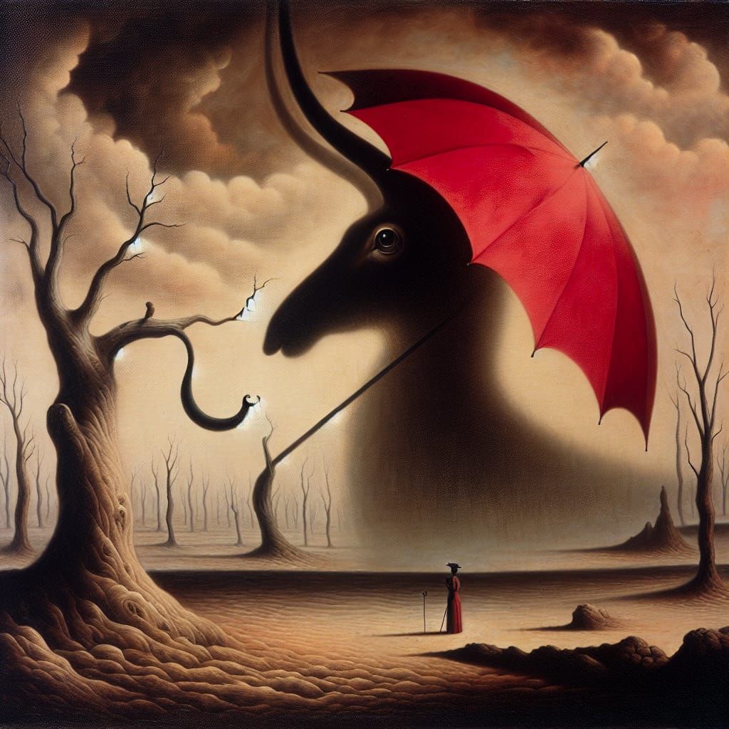 Surreal Animal Silhouette Gazing at Crimson Umbrella