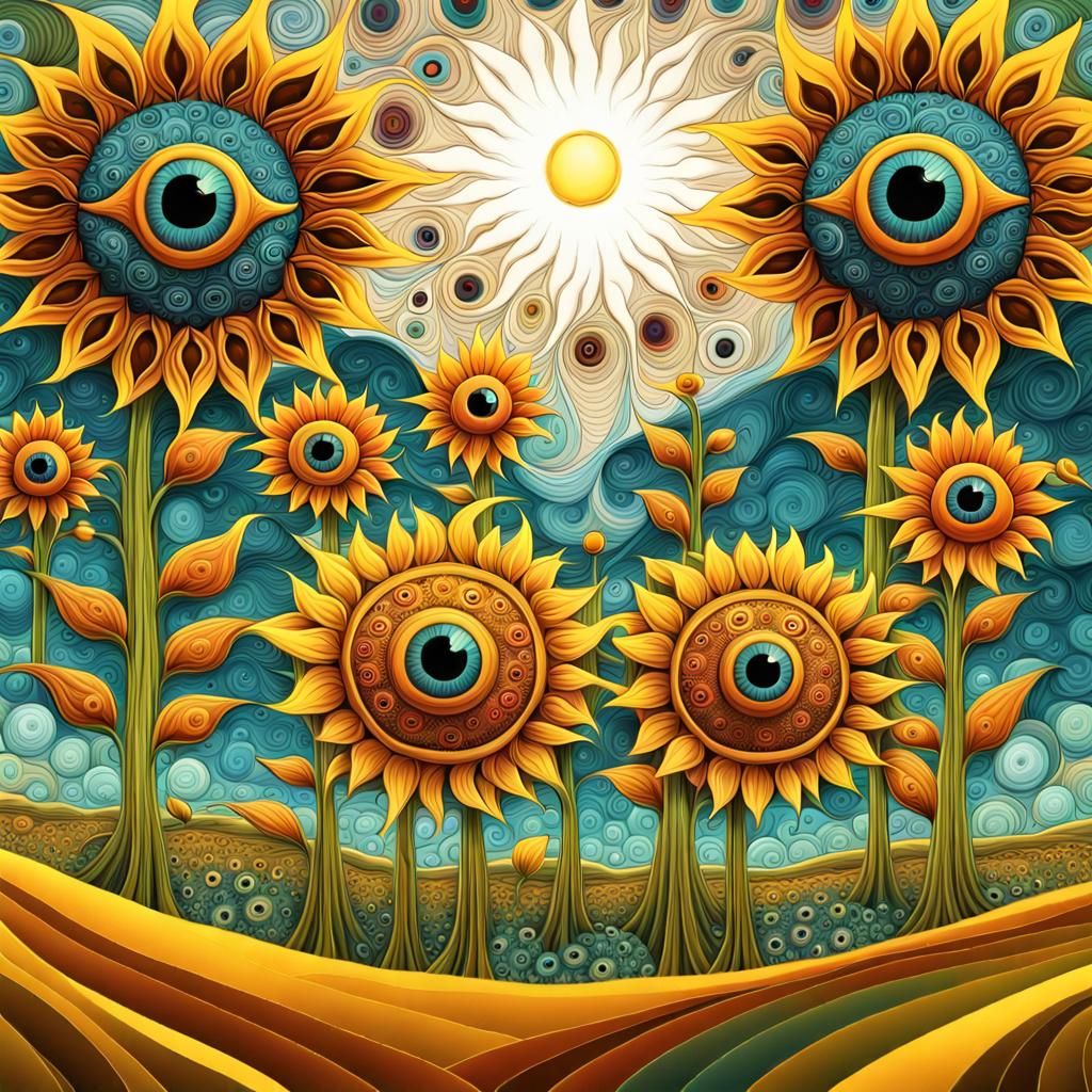 Surreal Prairie: Giant Eyed Sunflowers in Neo-Primitivism St...