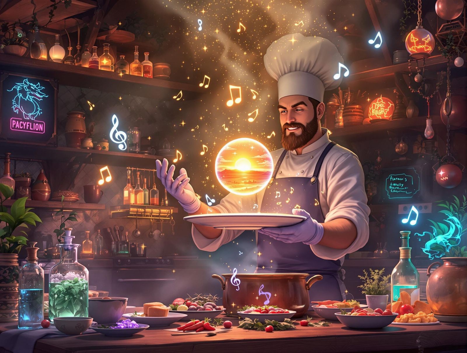 Alchemist Chef Prepares Magical Dish in Surreal Kitchen