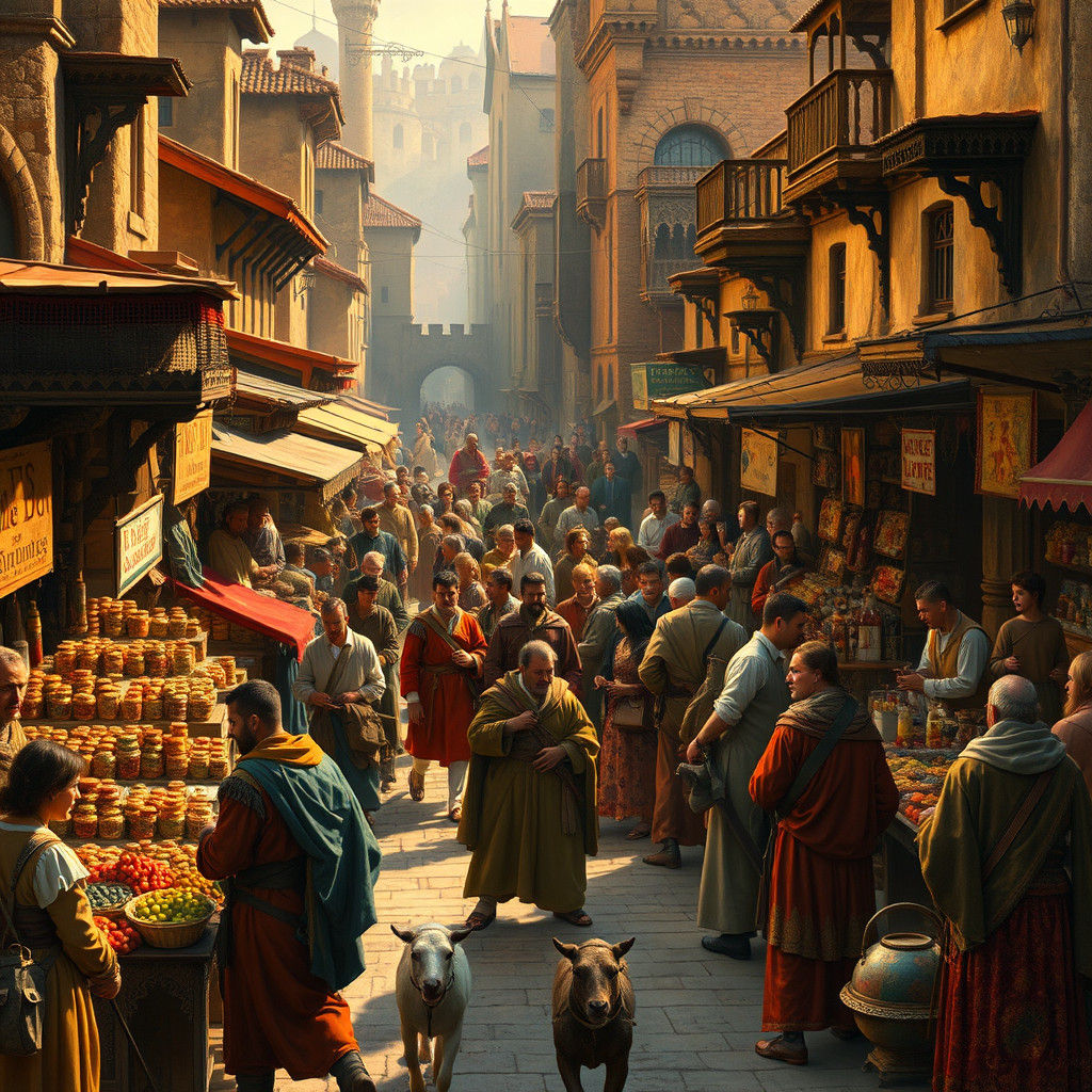 Vibrant Medieval Marketplace Scene in Detailed Style