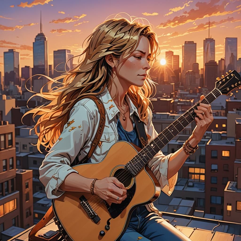 Sheryl Crowe Anime Style Guitar Rooftop Sunset