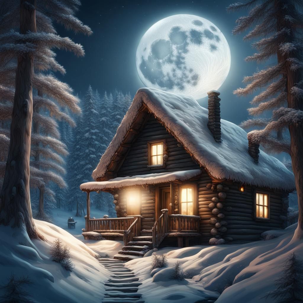 Winter Cabin Under Moonlight: Digital Matte Painting