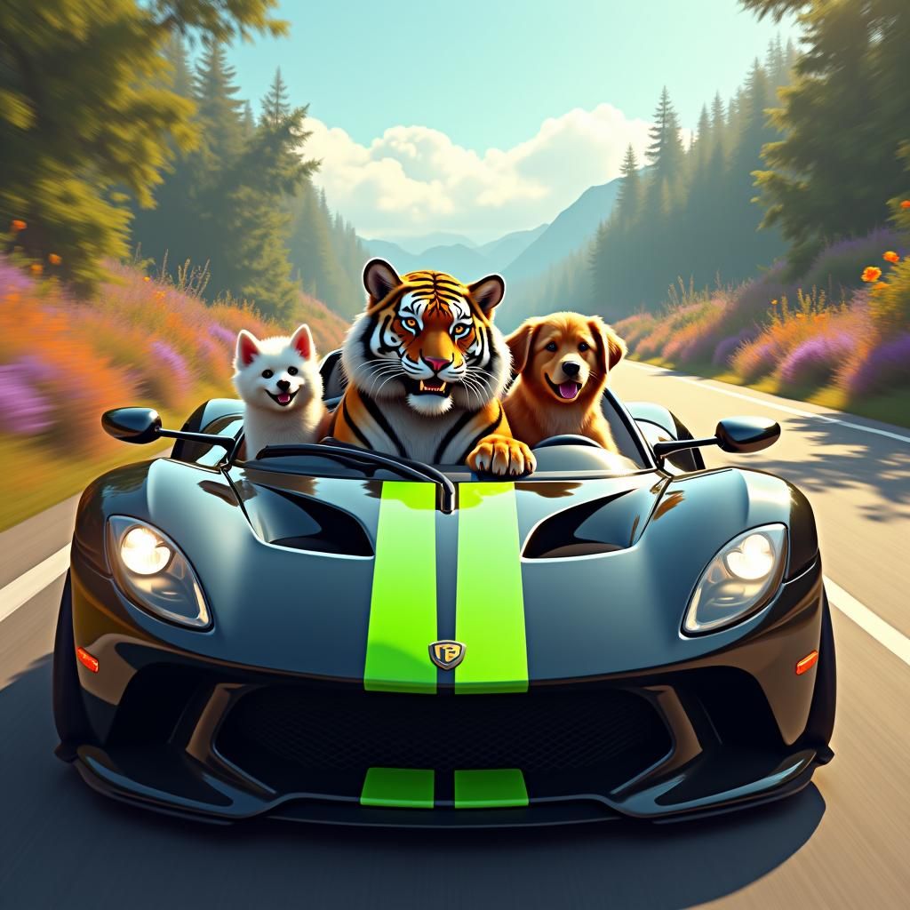Tiger Drives Sports Car with Dogs, Fantasy Art