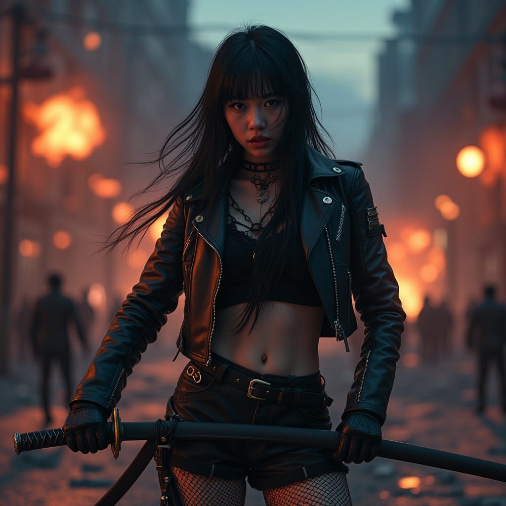 Dystopian Goth Warrior with Katana in War Zone