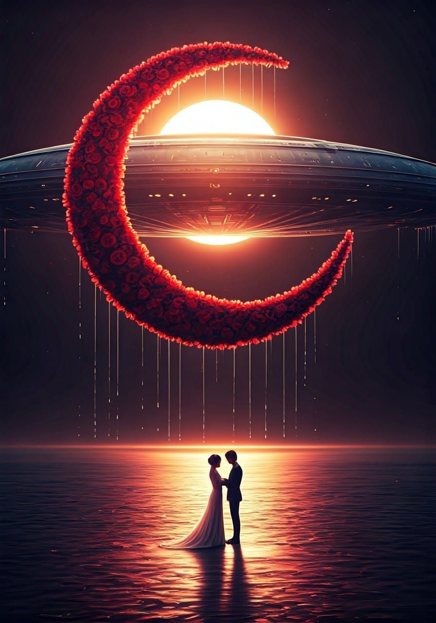 Crimson Crescent Moon Wedding Before Alien Spaceship