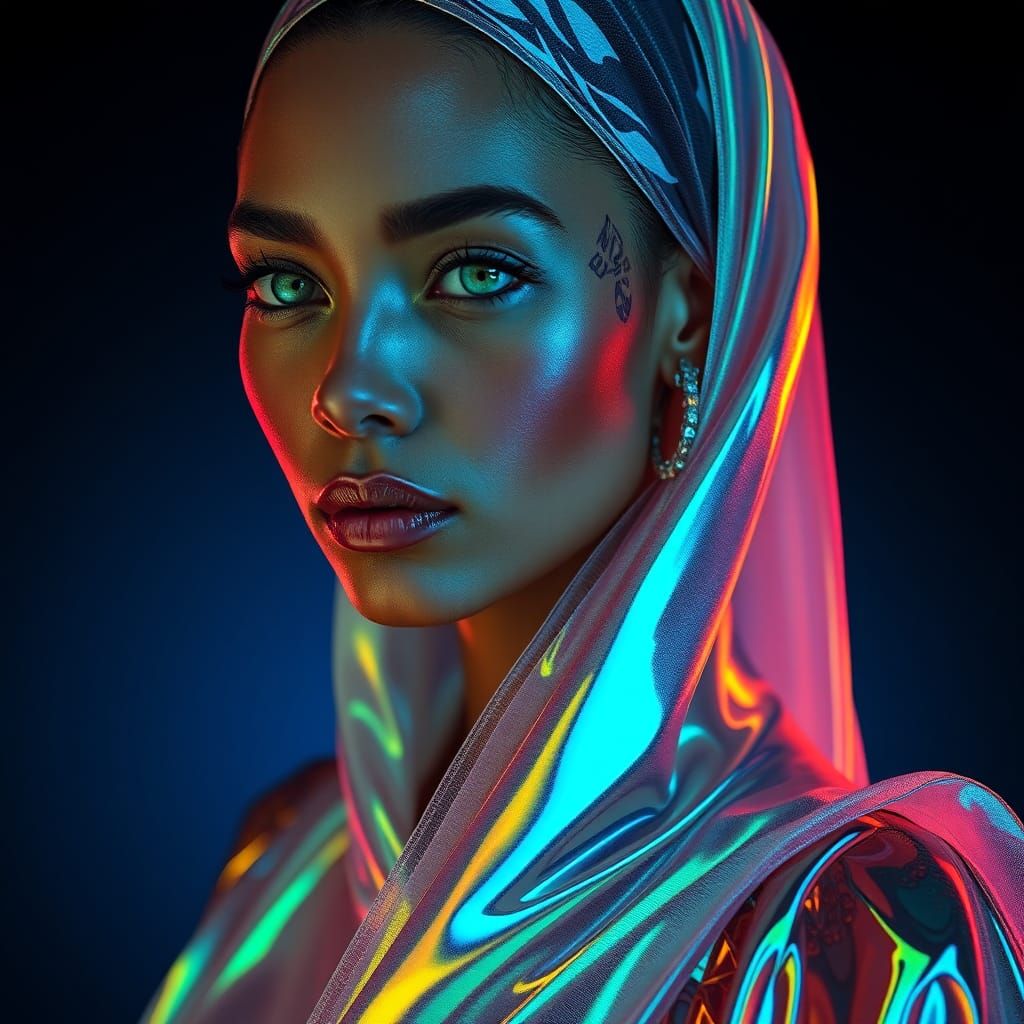 Holographic Woman with Emerald Eyes in Sci-Fi Style