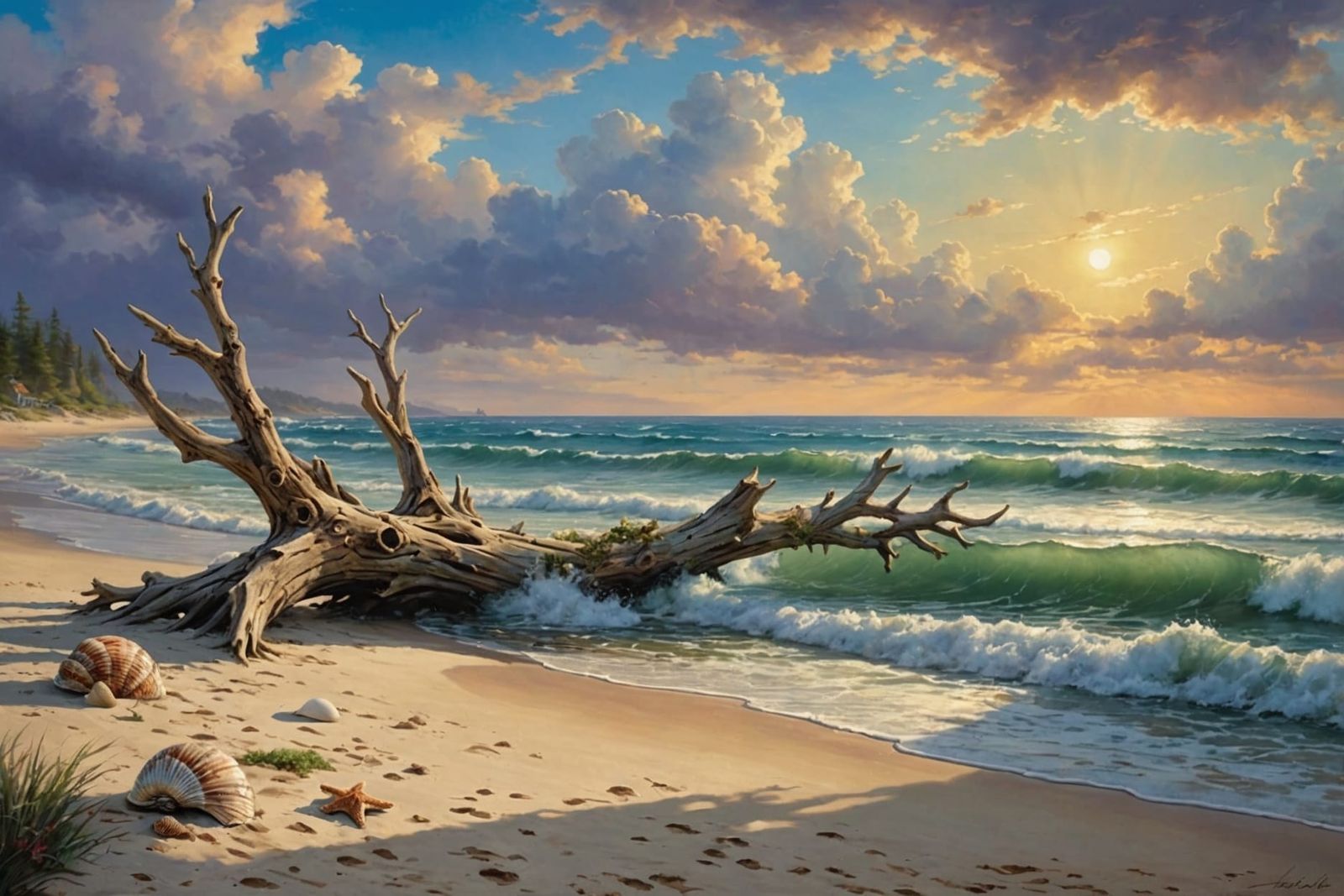 Beach After Storm with Driftwood in Ethereal Style