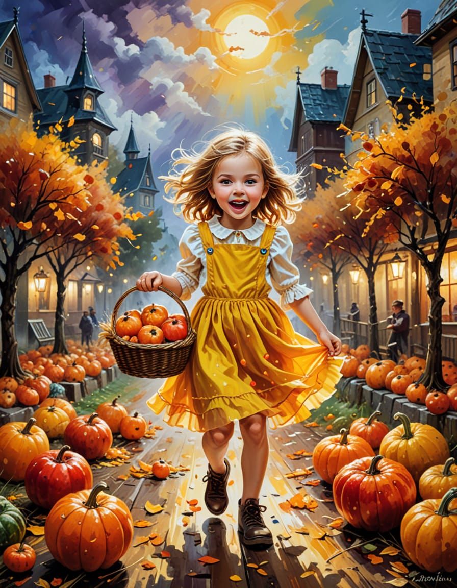 Wild Children Trick-or-Treating in Autumn Steampunk City