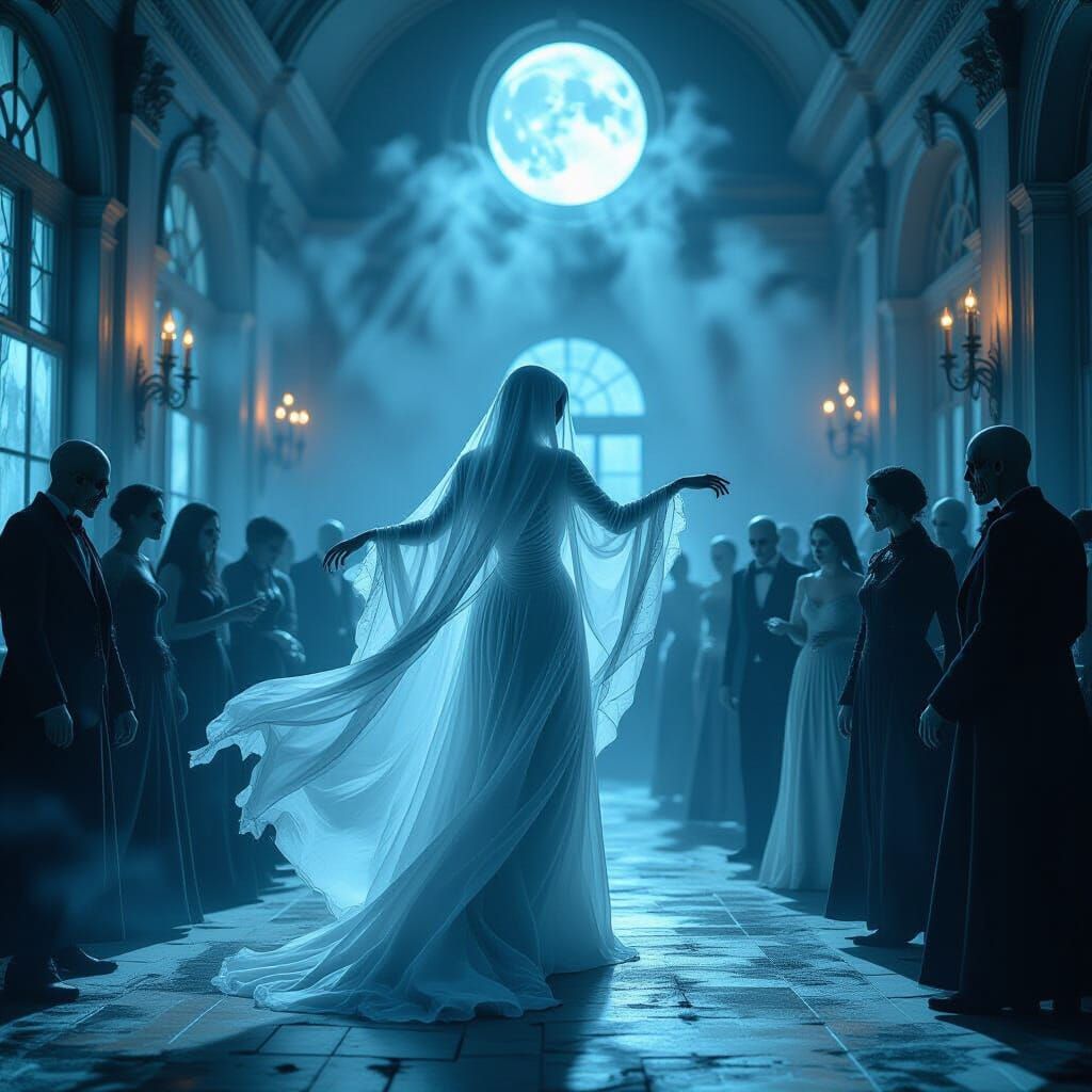 Ethereal Ghost Waltzes with Zombies in Gothic Ballroom