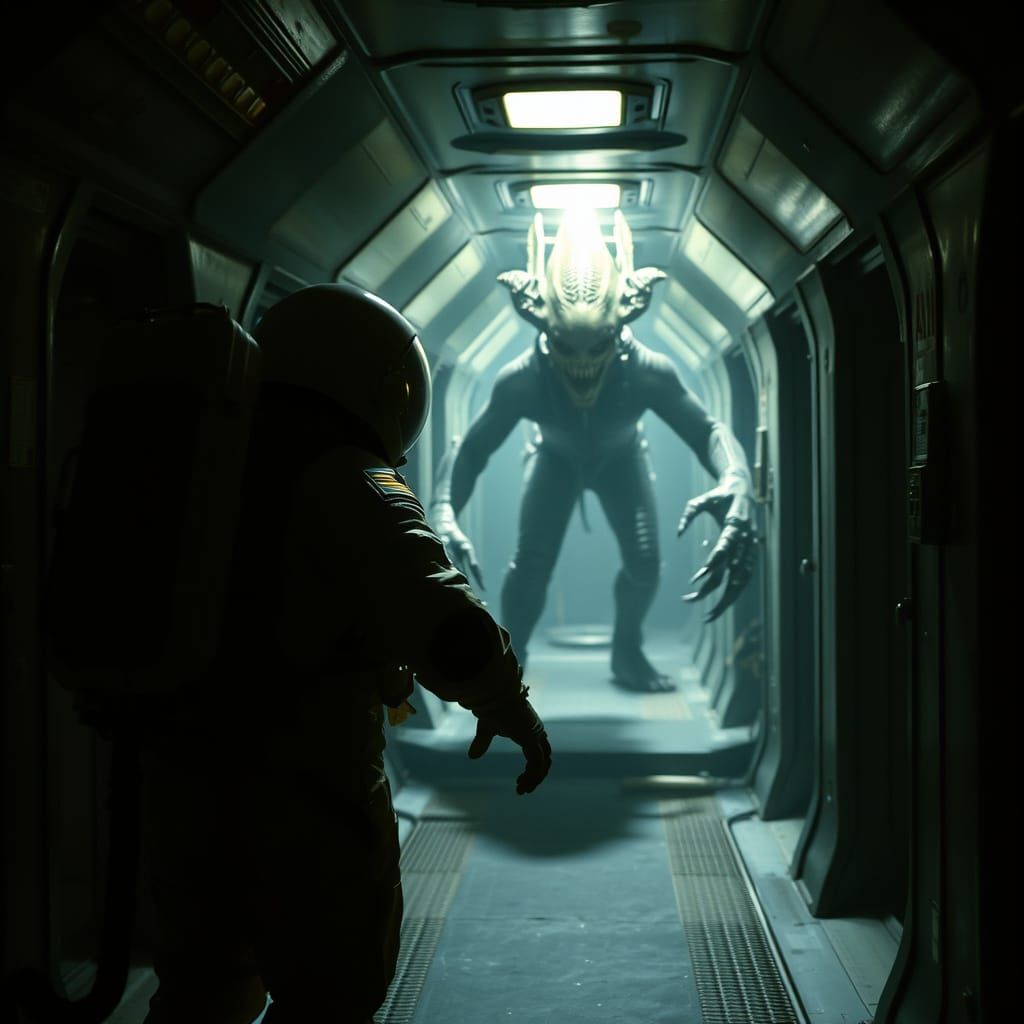 Astronaut Confronts Grotesque Alien in Dim Spaceship Corrido...