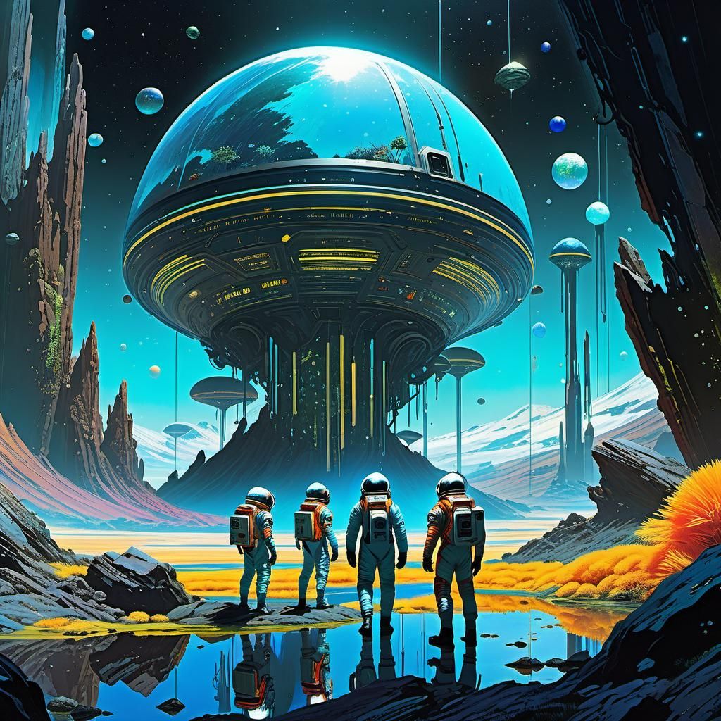 Retro Spacesuits on Alien World, Detailed Matte Painting