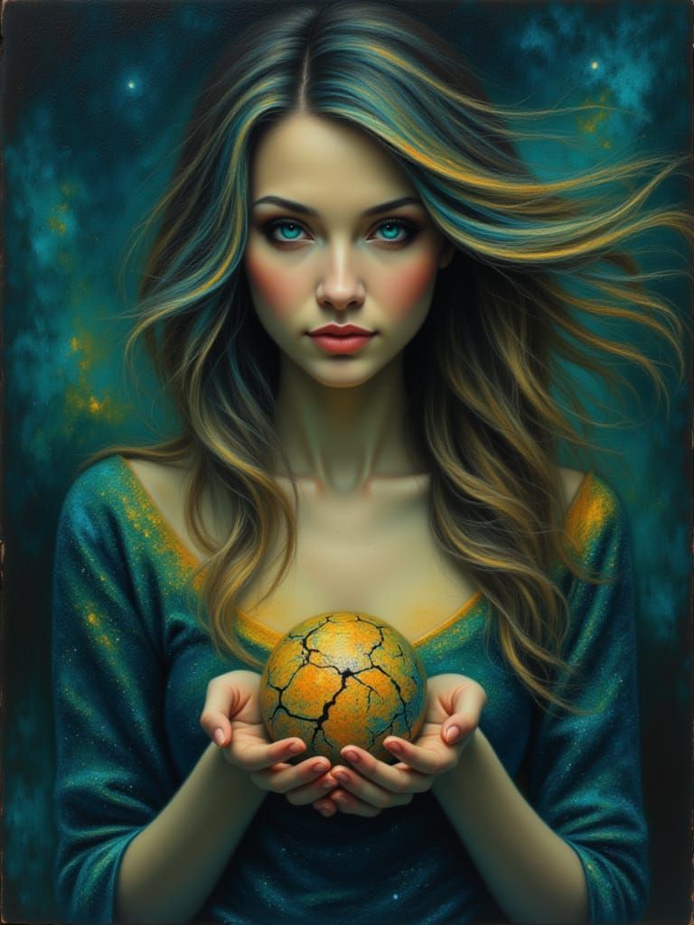 Cosmic Woman Holds Crumbling Earth in Surreal Digital Art
