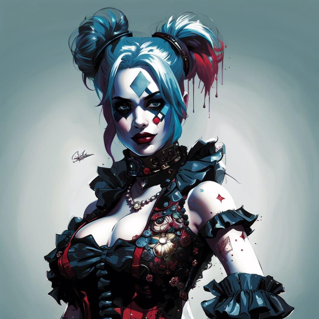 Harley Quinn in Ruffled Coat: Digital Illustration