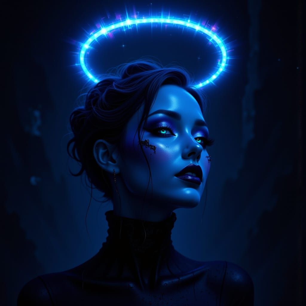 Blue Figure with Glowing Halo on Black Background