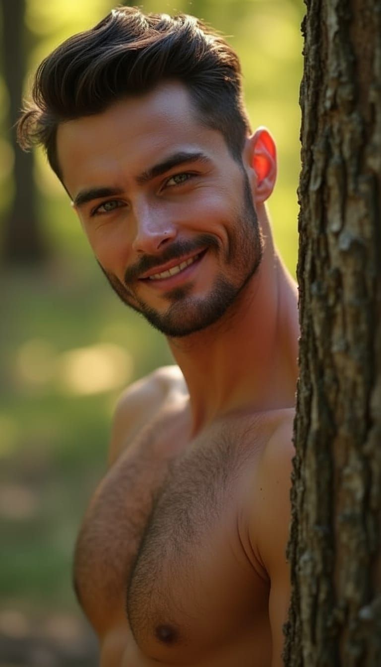 Muscular Man in Sun-Drenched Forest Photoshoot
