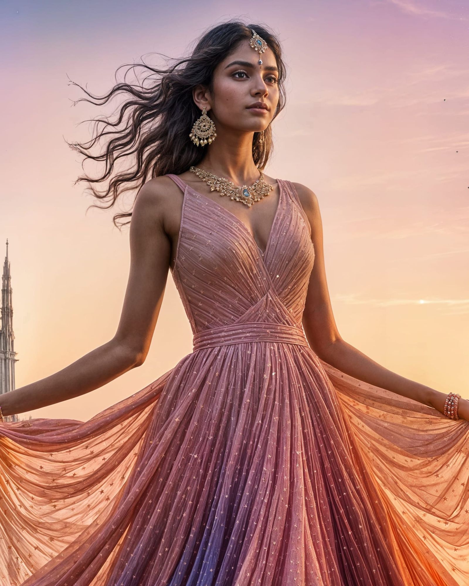 Hyperrealistic Indian Girl in Sunset Gown, Milan