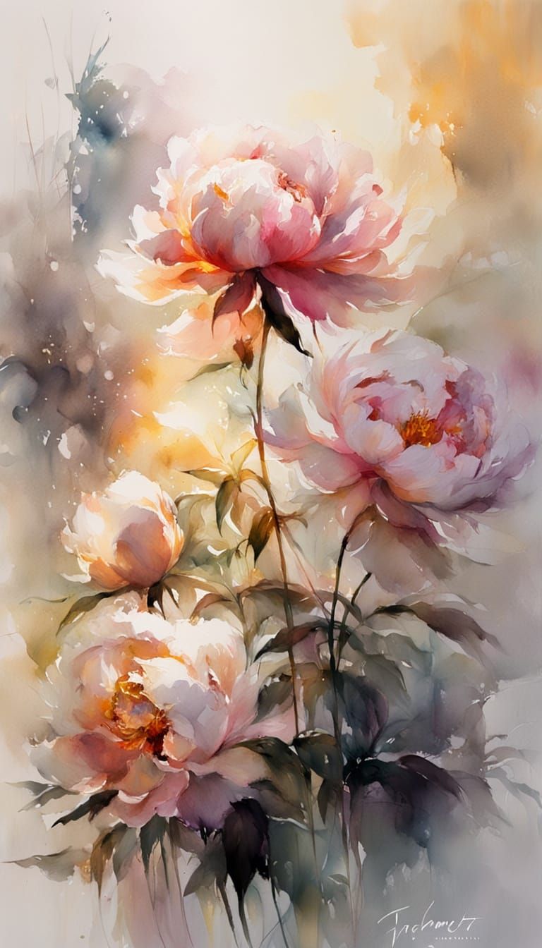 Peony in Mist: Watercolour Painting with Golden Light