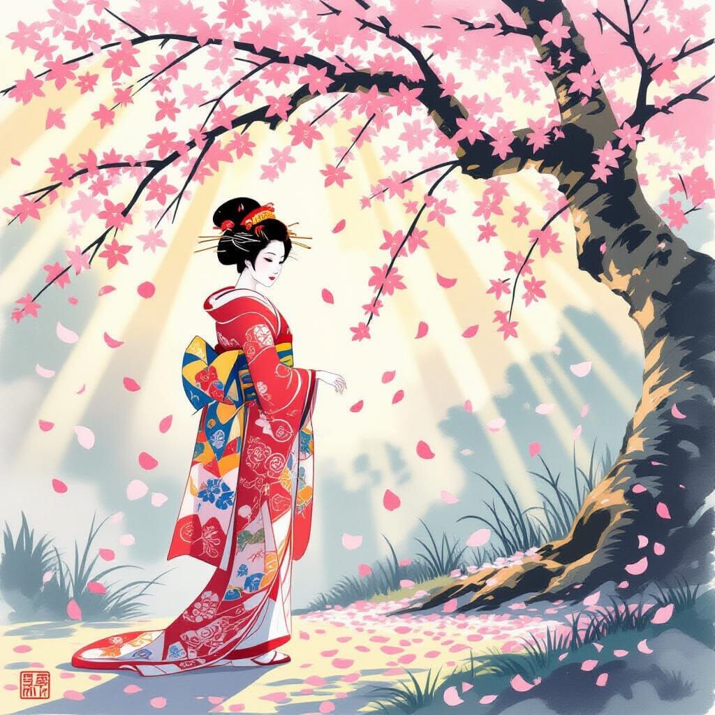 Elegant Geisha Under Blooming Sakura in Ukiyo-e Style