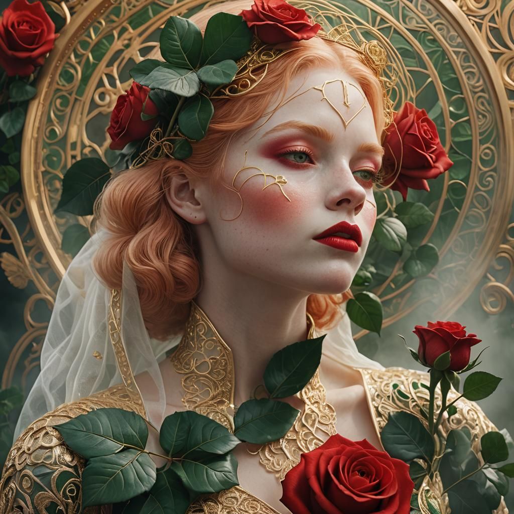 Albino Supermodel Kisses Giant Rose in Art Deco Style