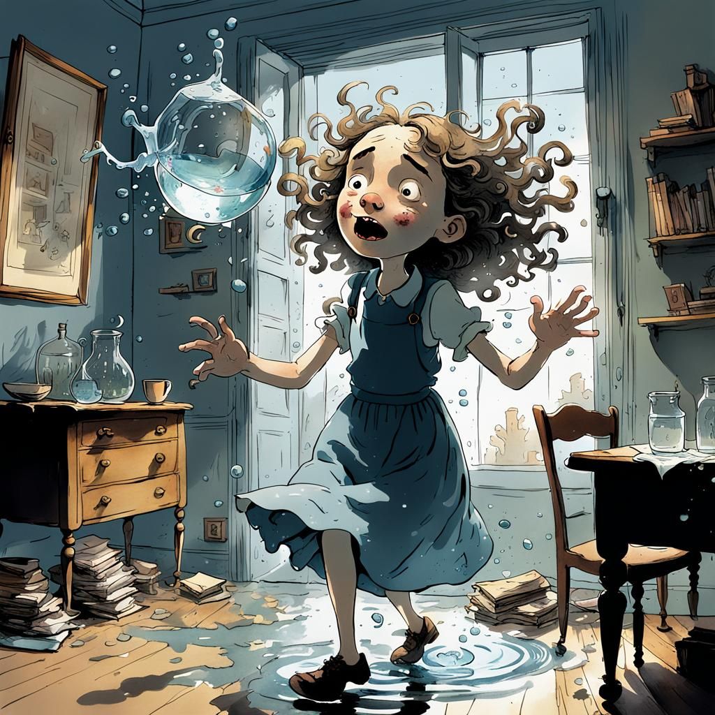 Matilda's Accidental Telekinesis in Quentin Blake Style