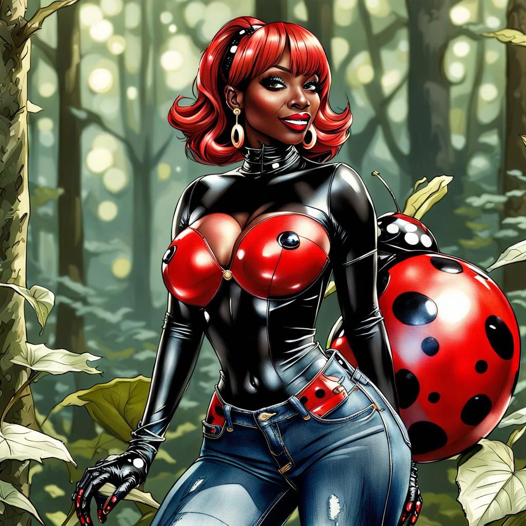 Ladybug Woman Portrait in Forest, Hyperrealistic Style