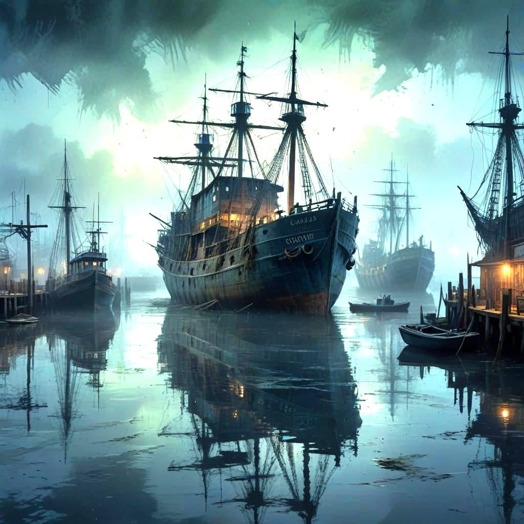 Twilight Harbor Scene in Watercolor Style