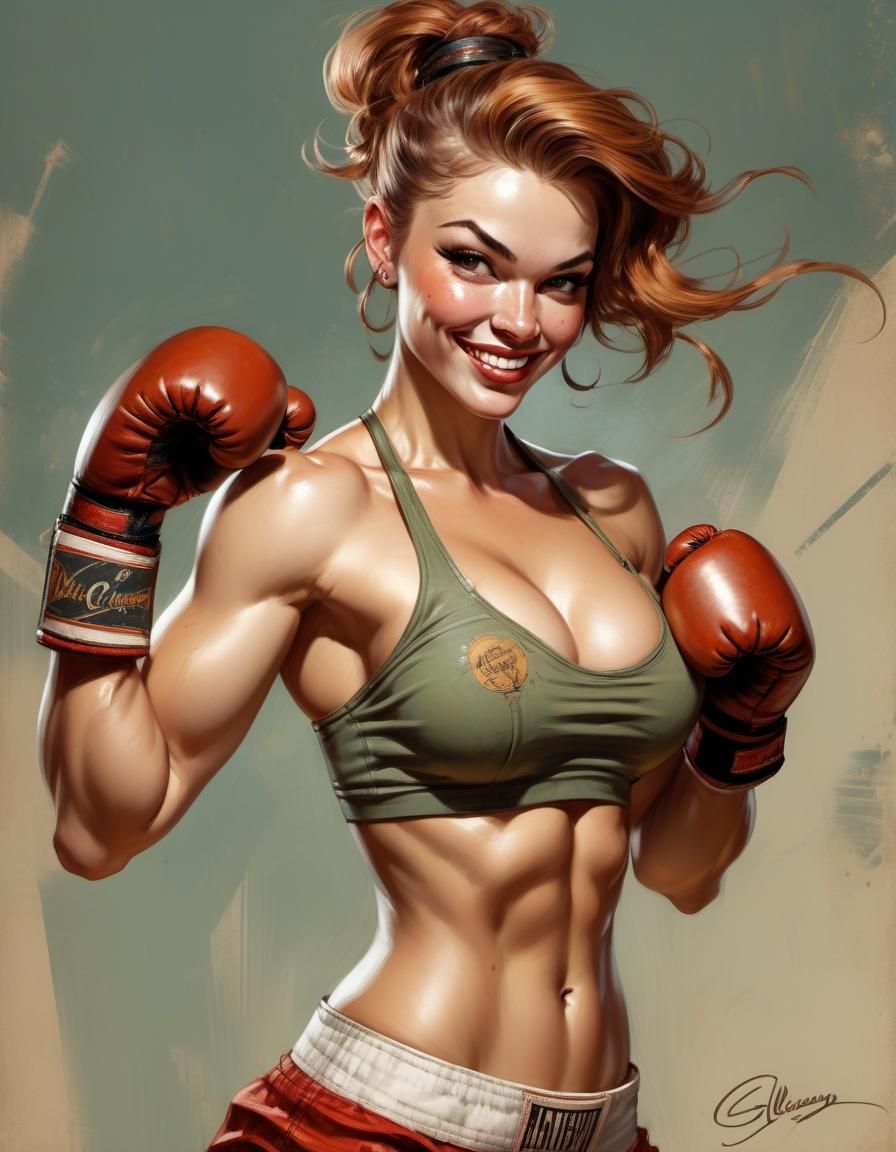 Alluring Female Boxer with Flirty Smile in Pin-Up Style