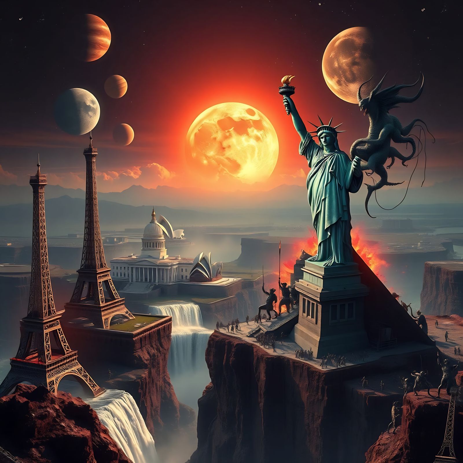 Apocalyptic Landscape: Liberty and Eiffel Tower in Ruins