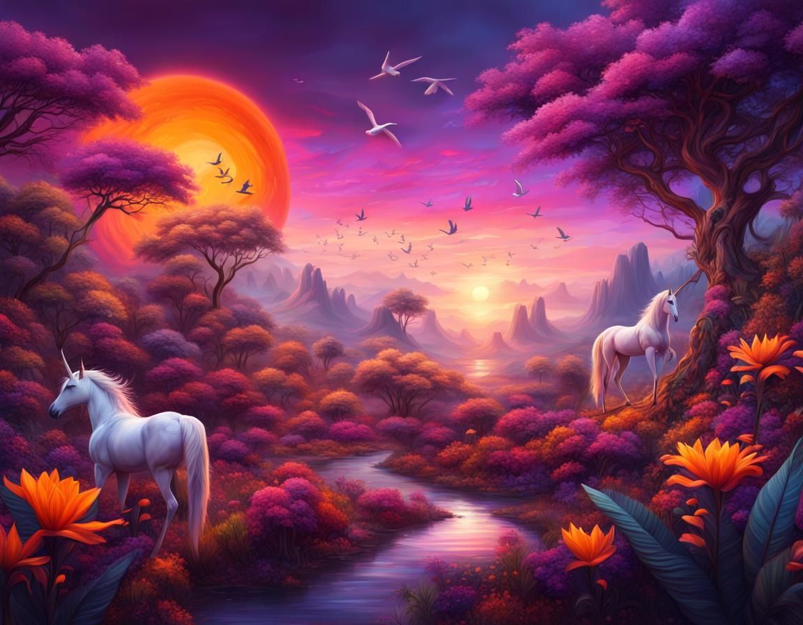 Vibrant Fantasy Landscape with Jeweled Unicorns