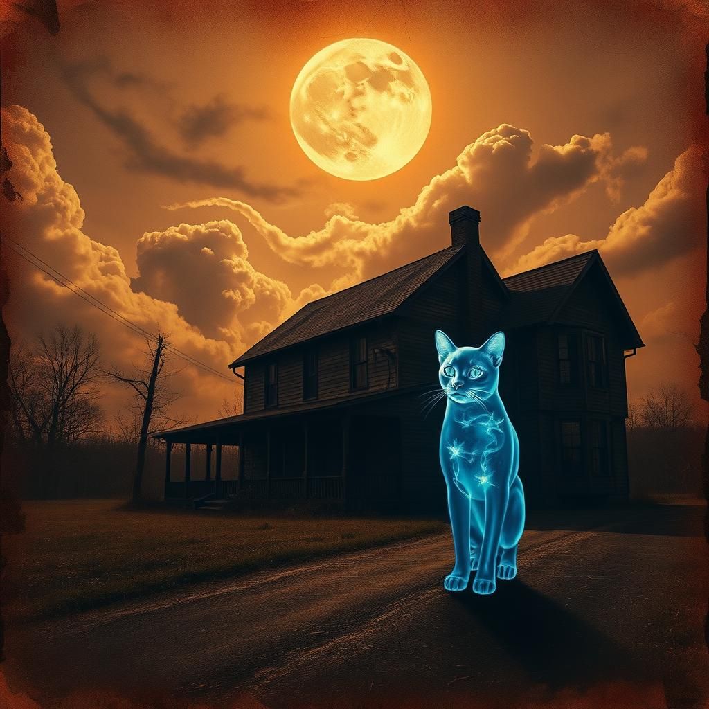 Eerie Sepia House with Ghost Cat, Conceptual Photography