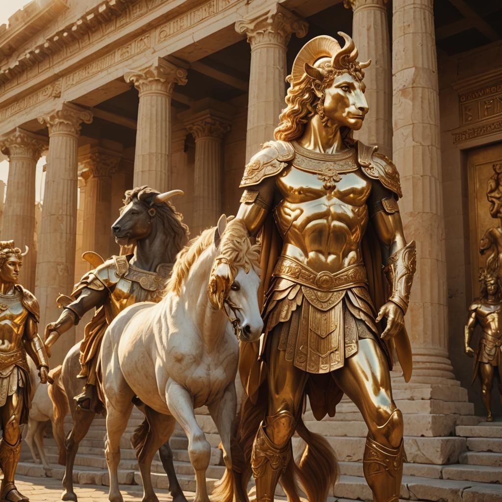 Golden Centaurs in Sunlit Greek Temple