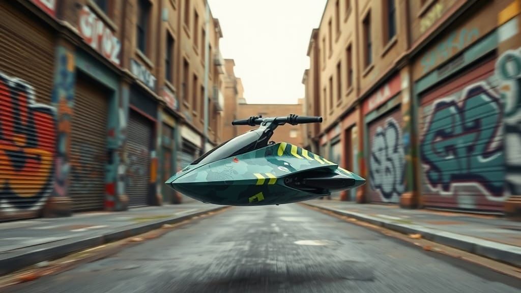 Futuristic Hover-Cycle in Brutalist Street, Wipeout Style