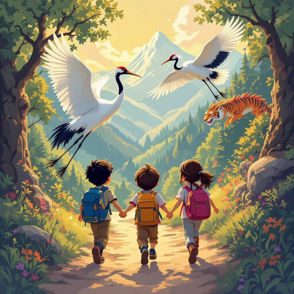 Children's Mountain Adventure in Whimsical Style