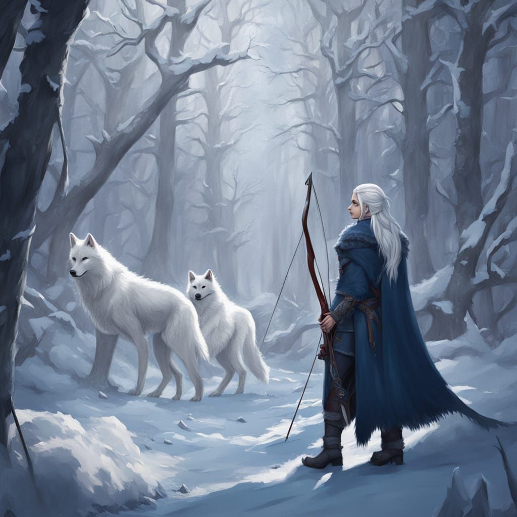 Winter Elf with White Wolf and Longbow