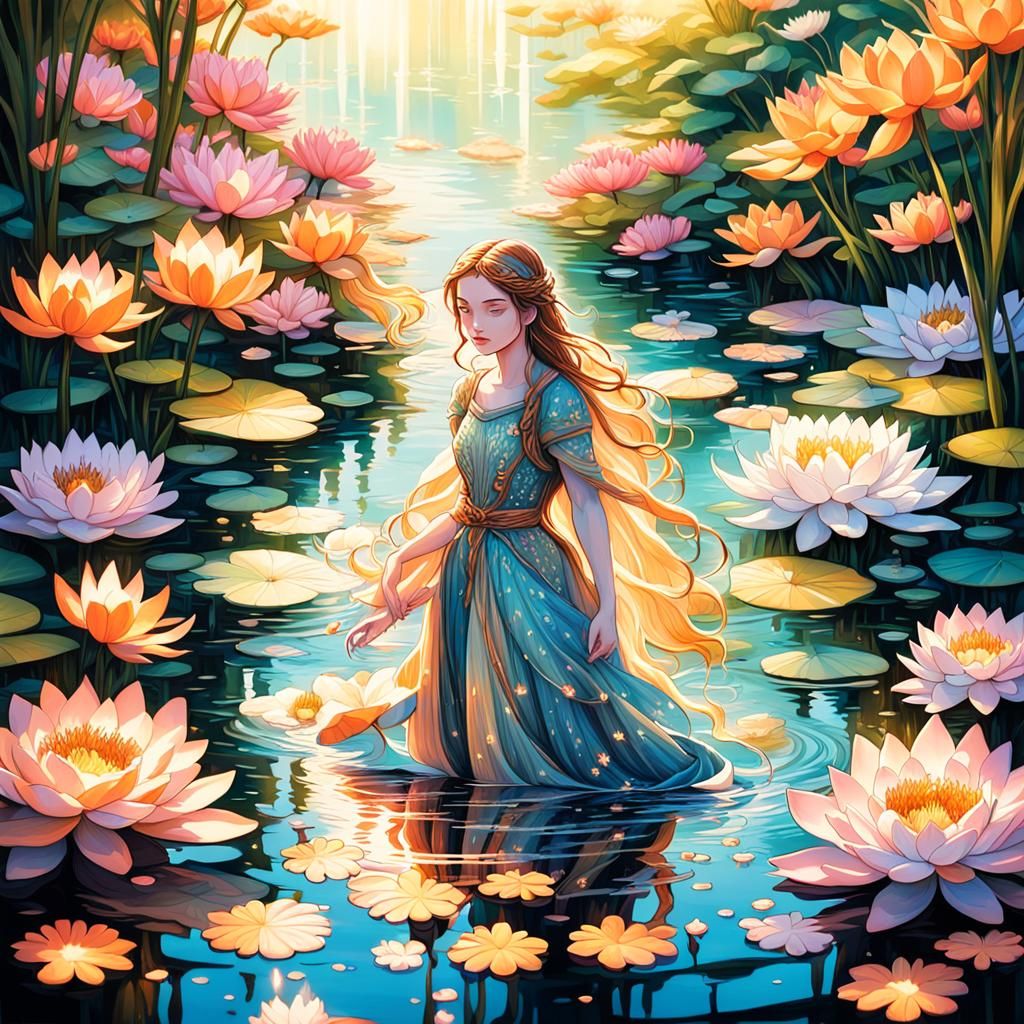 Nymph Emerges from Pond in Comic Book Style