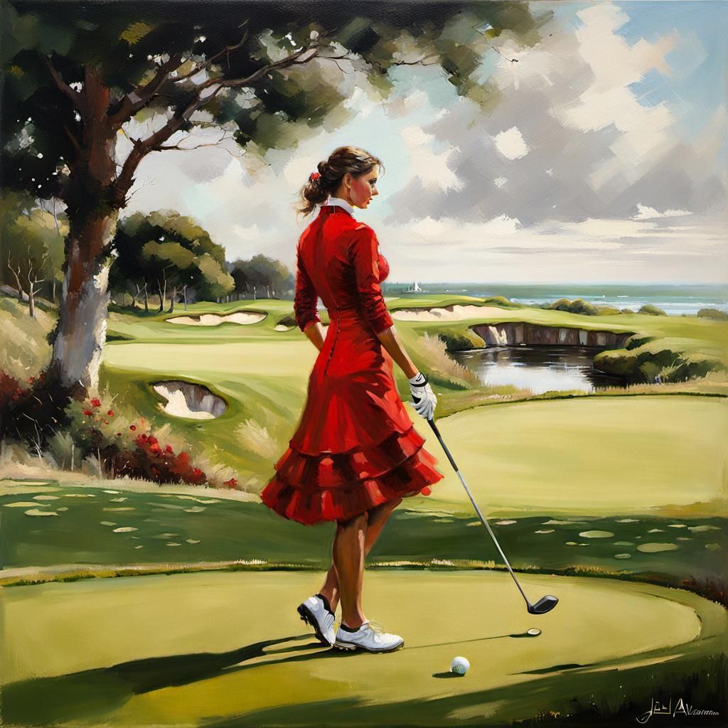 Woman in Red Dress Plays Golf, Oil Painting