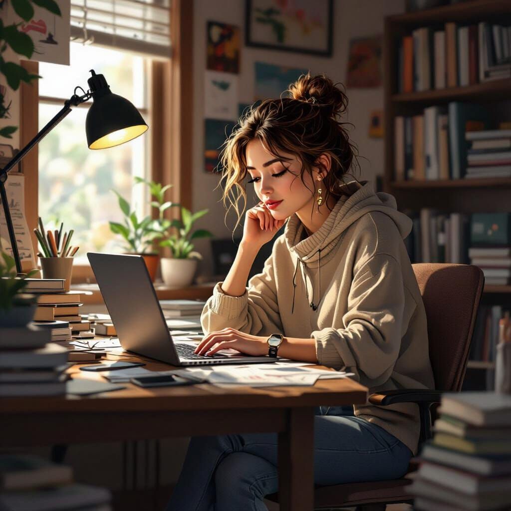 Content Creator at Desk in Cozy Home Office